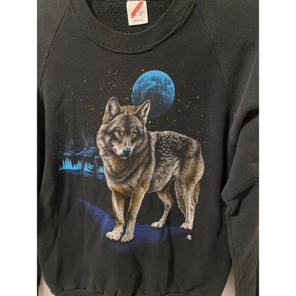 Vintage 1987 Wolf “In The Night Moon" Black Crewneck Sweatshirt-Size L - Picture 3 of 6
